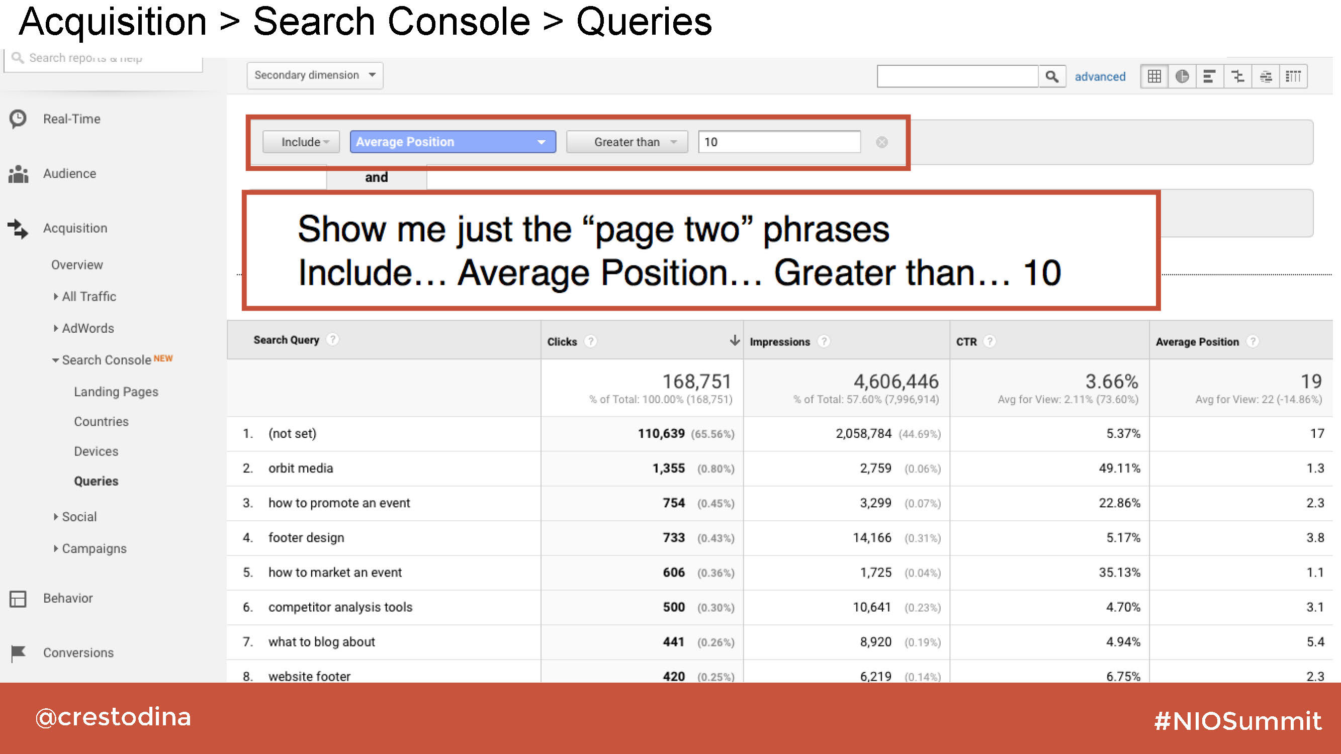 Image showing how to view page 2 search engine ranking pages in Google Analytics
