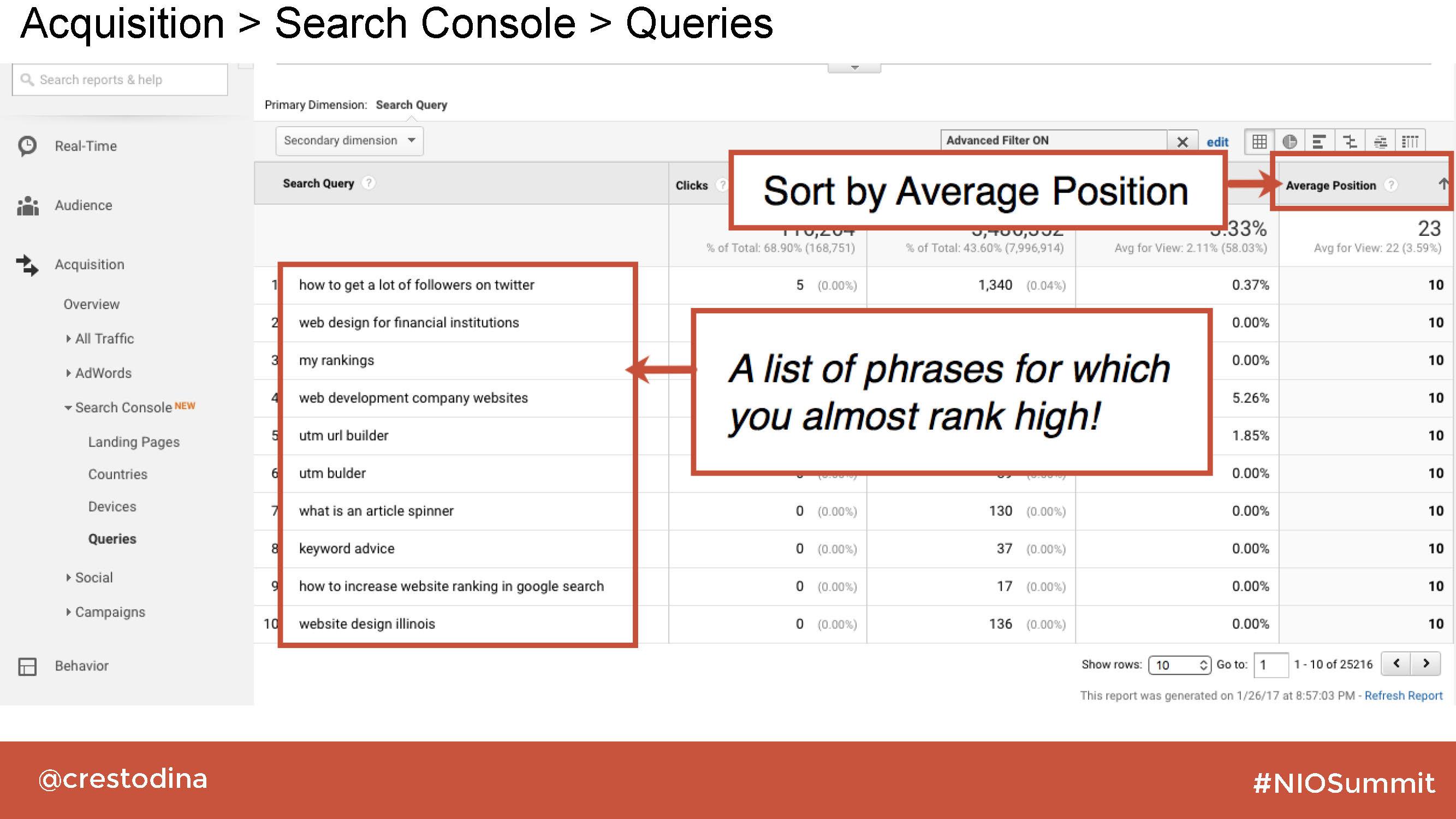 Image showing how to find the pages you can most easily optimize to grow their search engine rankings